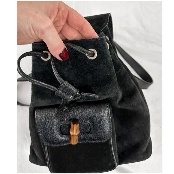 Vintage Gucci Black Suede and Bamboo Handle Backpack Purse - Picture 8 of 11